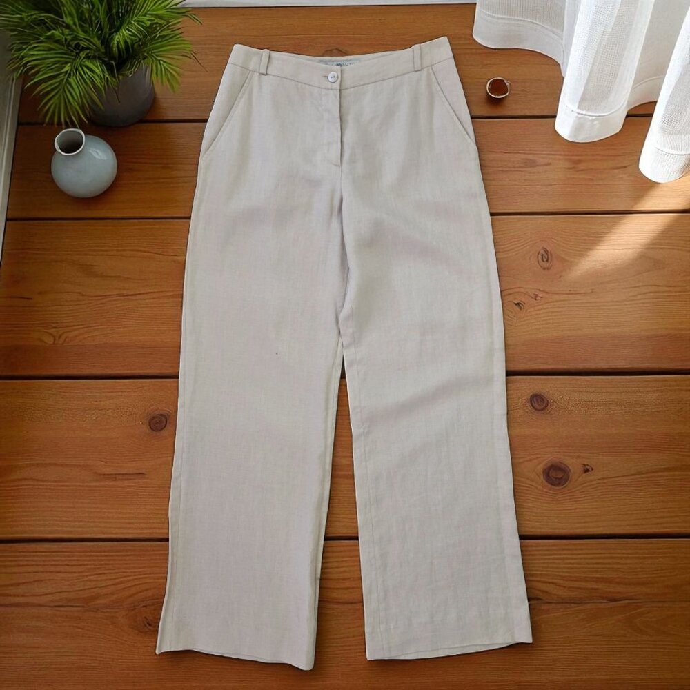 Blunauta 100% Linen Wide Leg Pants Women's Lightweight Summer Khaki‎ Mid Rise 10